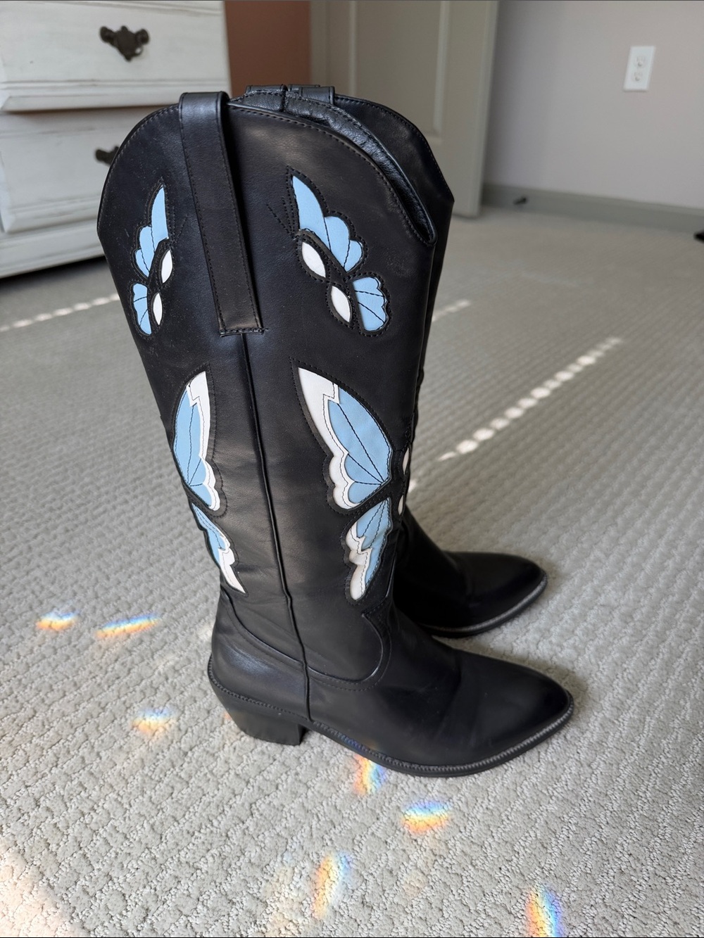 Black Cowboy Boots with Light Blue Butterfly Inlay